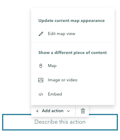 A screenshot of the add action menu for a button-style media action in ArcGIS StoryMaps.